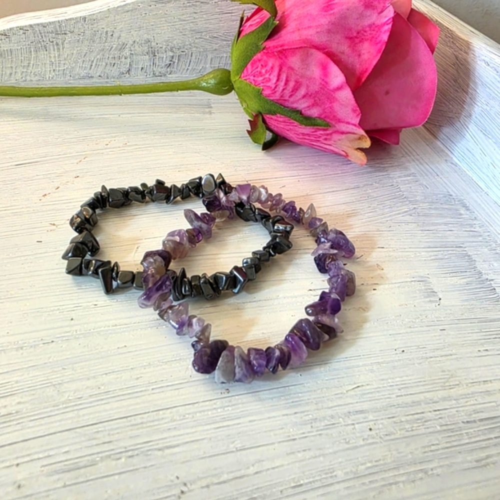 Amethyst & Hematite 2-Pack Gemstone Chip Bracelet Set